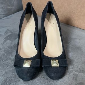 Kate Spade Black Suede Heels with Gold Bow, Size 7
